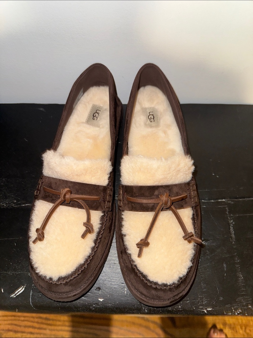 UGG womans Brown Suede Moccasin Slippers with Cream Shearling